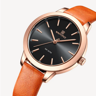 NAVIFORCE NF5024 Orange PU Leather Analog Watch For Women - RoseGold & Orange